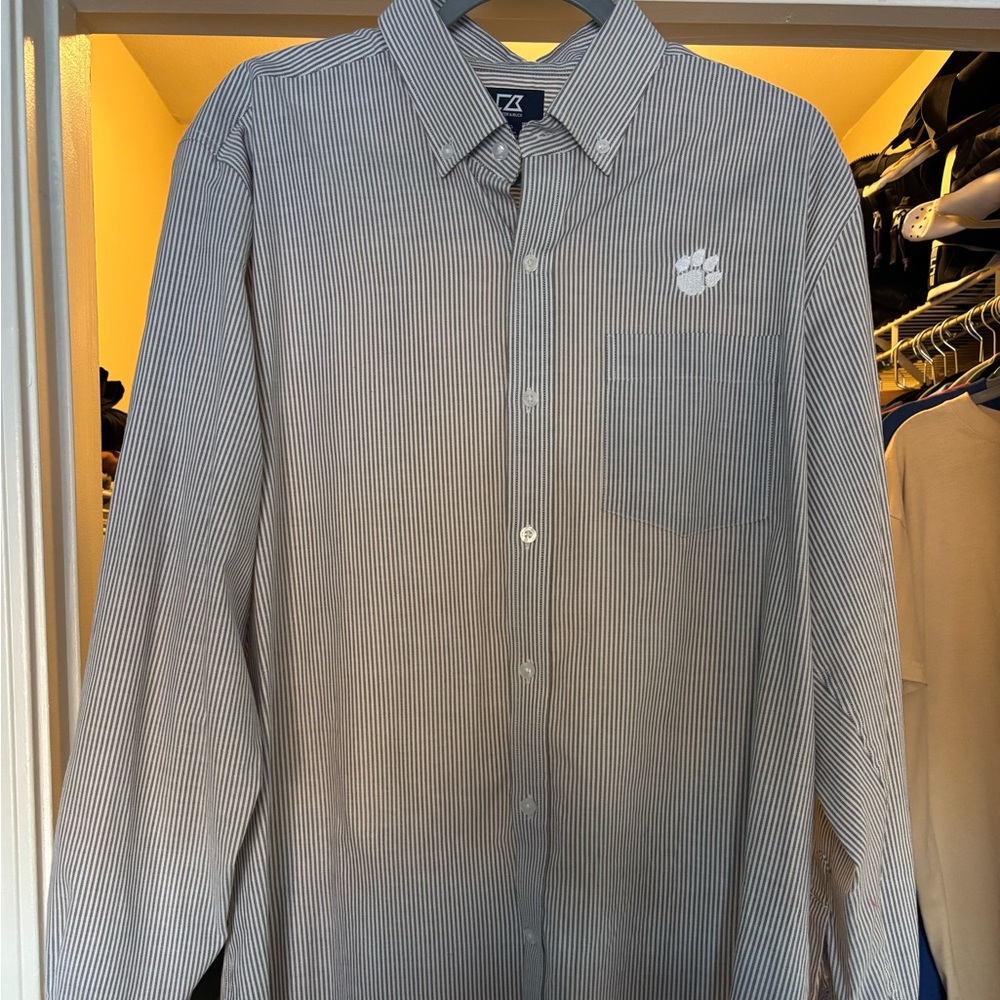 Clemson Tigers Cutter & Buck Charcoal Striped Long Sleeve Button Down Polo Shirt